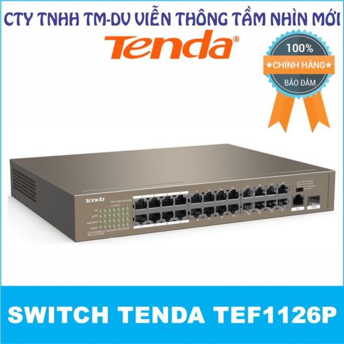 Switch PoE Tenda TEF1126P (với 24 port PoE, 1 port Gigabit 1.0Gbps và 1 port 1G FSP)